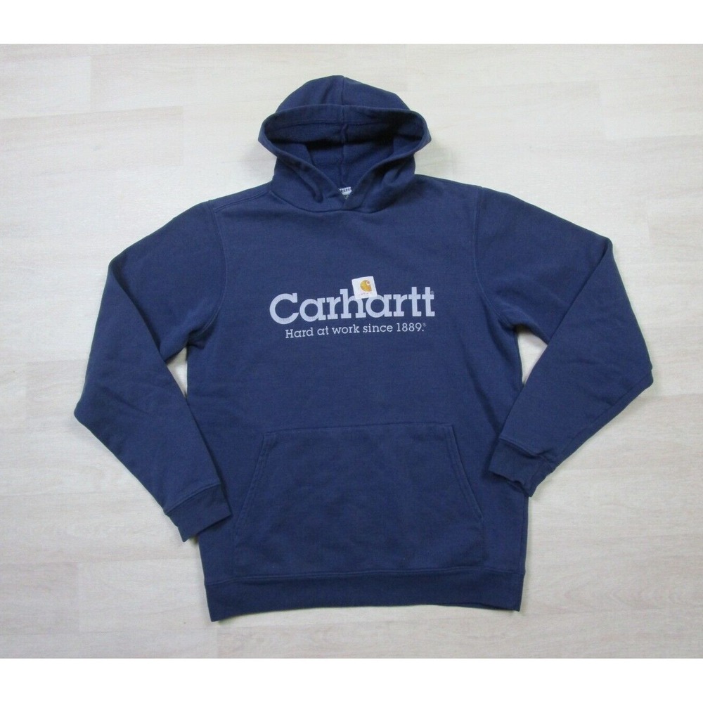Vintage Carhartt Hoodie Youth (XL) "Hard at‎ Work" Graphic Logo Y2K Navy Blue